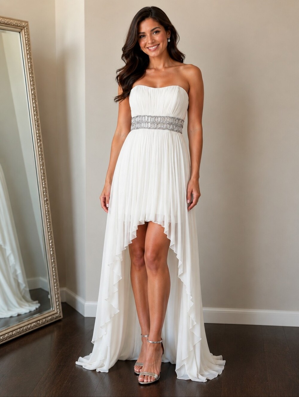 Decode 1.8 White Strapless HighLow Dress Crystal Belt Size 10 Prom Party Wedding